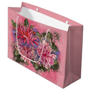 Dahlias flowers pink watercolor large gift bag