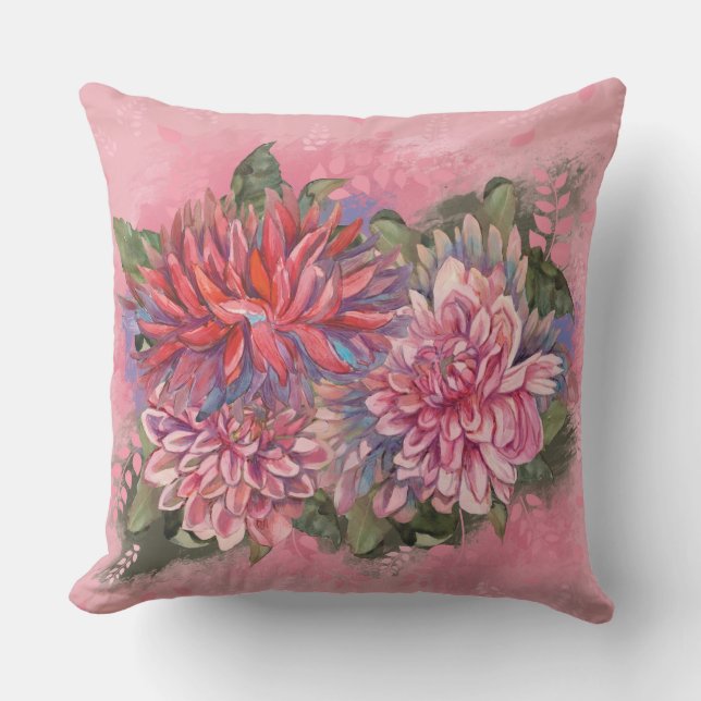 Dahlias flowers pink watercolor pattern cushion (Front)