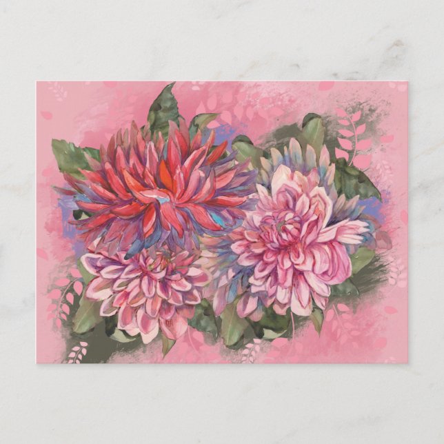 Dahlias flowers pink watercolor pattern postcard (Front)