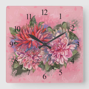 Dahlias flowers pink watercolor pattern square wall clock
