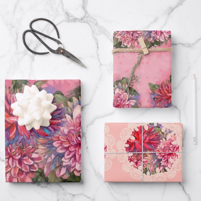 Dahlias flowers pink watercolor pattern wrapping paper sheet (Front)