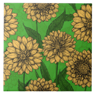 Dahlias in yellow and green ceramic tile
