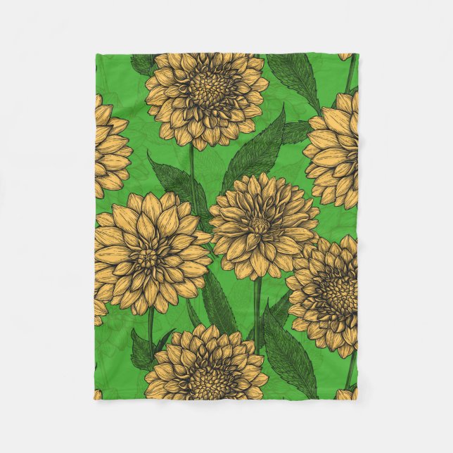 Dahlias in yellow and green fleece blanket (Front)
