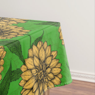 Dahlias in yellow and green tablecloth