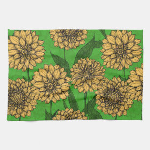 Dahlias in yellow and green tea towel