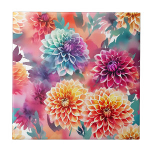 Dahlias Watercolor Floral Ceramic Tile