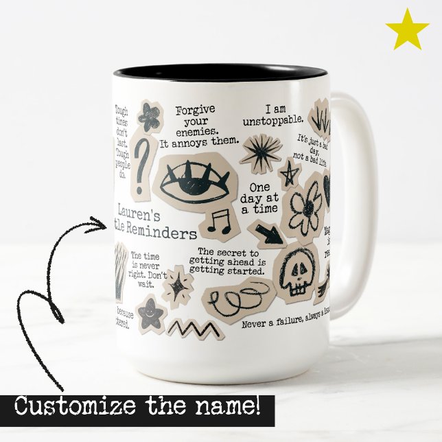 Daily Affirmation Doodle Sticker Custom Name Quote Two-Tone Coffee Mug (Creator Uploaded)