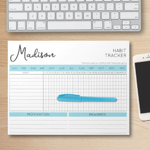 Daily Habit Tracker Motivational Blue Script Name  Notepad