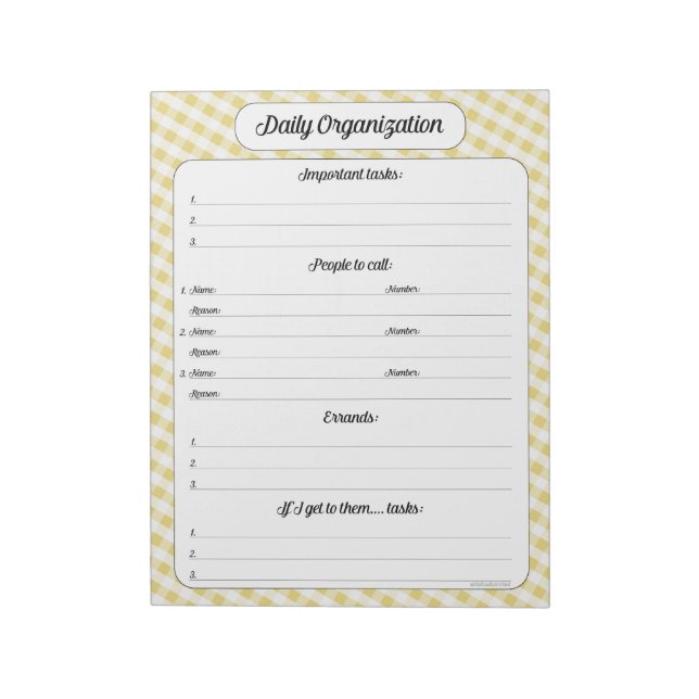 Daily Organisation - Yellow Gingham Notepad (Rotated)