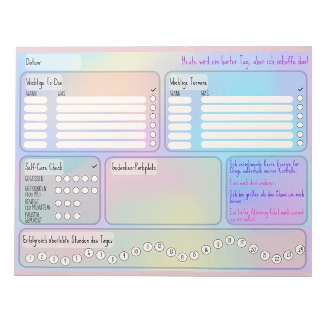 Daily Plan for Focus and Self-Care Notepad (Front)