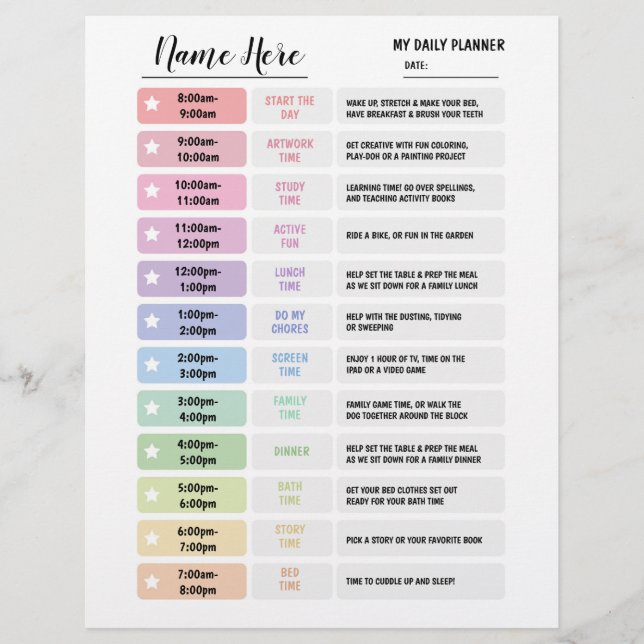 Daily Planner Chart Kids Schedule Star Flyer (Front)