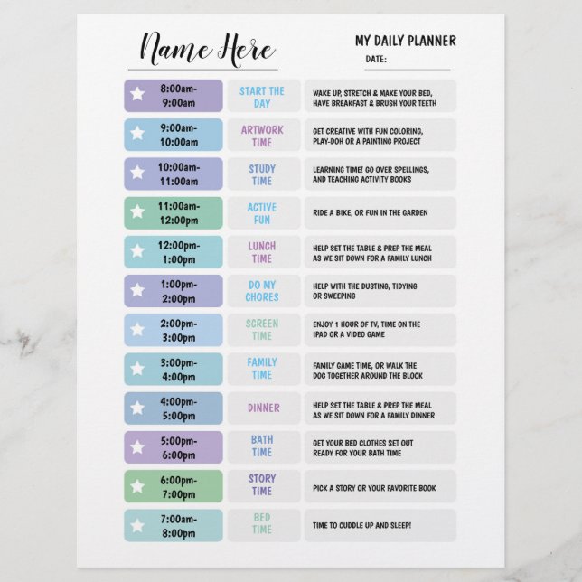Daily Planner Chart Kids Schedule Star Wall Blue Flyer (Front)