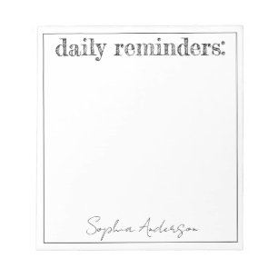 Daily Reminders Simple Black White Personalised Notepad