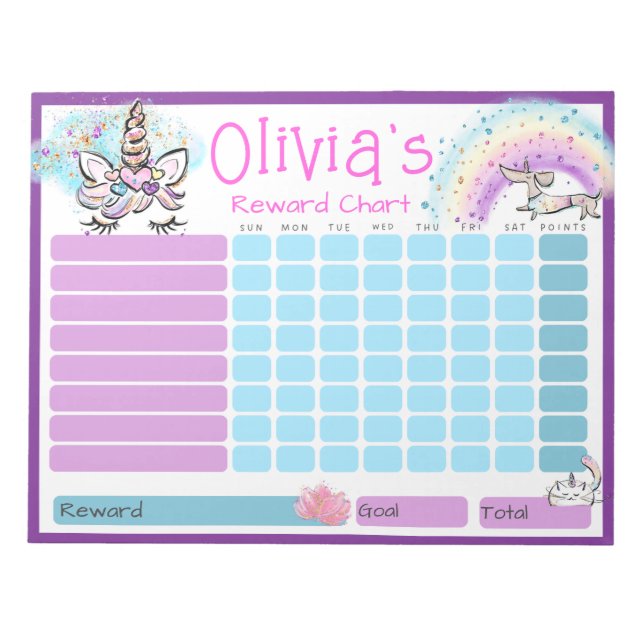 Daily Reward Chart for Kids Routine Unicorn To Do Notepad (Front)
