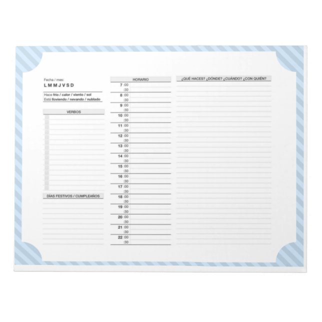 Daily Schedule in Spanish with Verbs, Practice Notepad (Front)