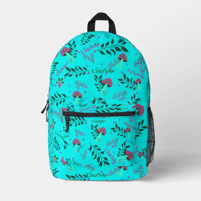 Daily School Aqua Green Personalised Name Mushroom Printed Backpack (Front)