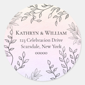 Dainty Black Floral on Pink Wedding Return Address Classic Round Sticker
