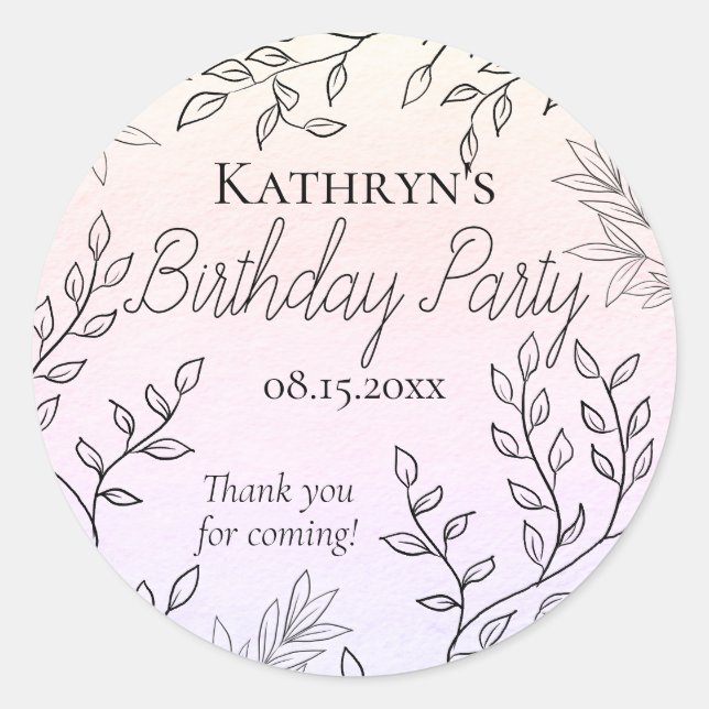 Dainty Black Floral Outlines Pink Birthday Party Classic Round Sticker (Front)