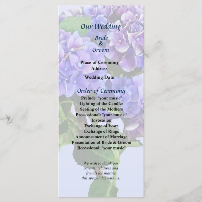 Dainty Blue Hydrangea Wedding Program (Front)