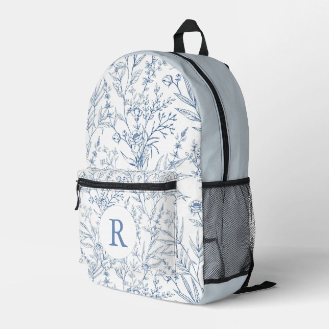 Dainty Blue & White Floral Monogram Backpack (Back Corner Right)