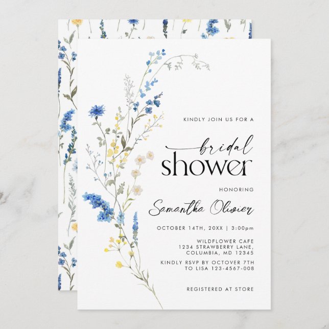 Dainty Blue Wild Flowers Simple Navy Bridal Shower Invitation (Front/Back)