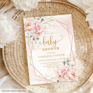 Dainty blush pink floral girl baby shower invite