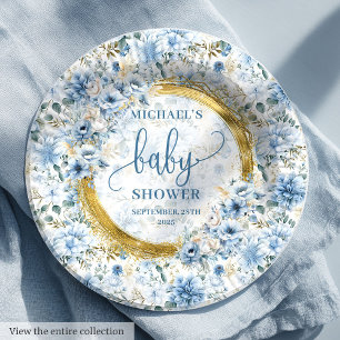 Dainty boho pastel blue flowers gold personalized paper plate