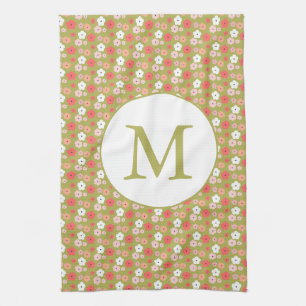 Dainty Boho Woodland Floral Pattern Green Monogram Tea Towel
