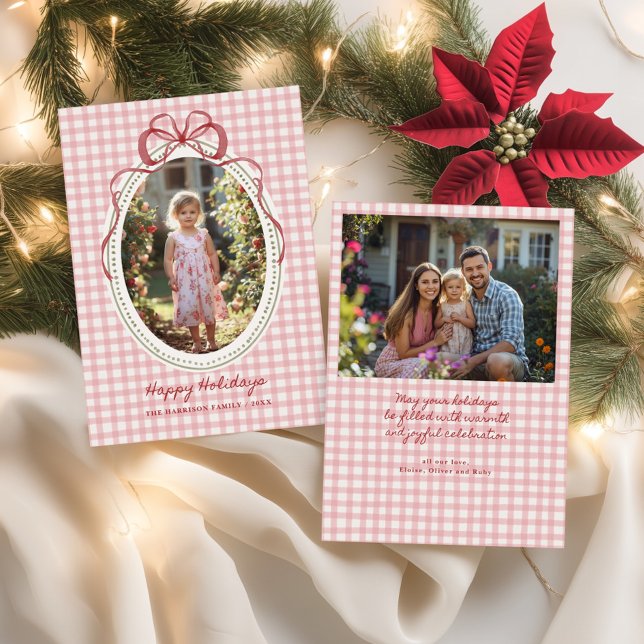 Dainty Bow Frame Gingham Christmas Photo Holiday Card (Creator Uploaded)