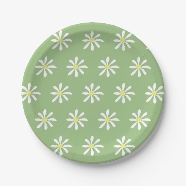 Dainty Daisy Paper Plates (Sage Green & White) (Front)