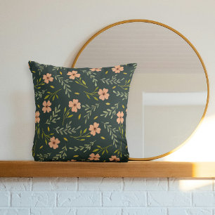 Dainty Ditsy Watercolor Floral Dark Green Pattern Cushion