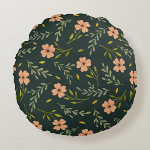 Dainty Ditsy Watercolor Floral Dark Green Pattern Round Cushion