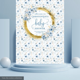 Dainty dusty blue flowers gold baby shower banner tapestry