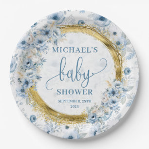 Dainty dusty blue watercolor flowers gold baby paper plate
