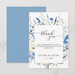 Dainty Dusty Blue Wild Floral Navy Rustic Wedding Thank You Card