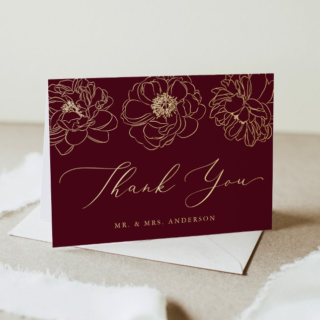 Dainty Floral Burgundy and Gold Wedding Thank You Foil Greeting Card (Creator Uploaded)