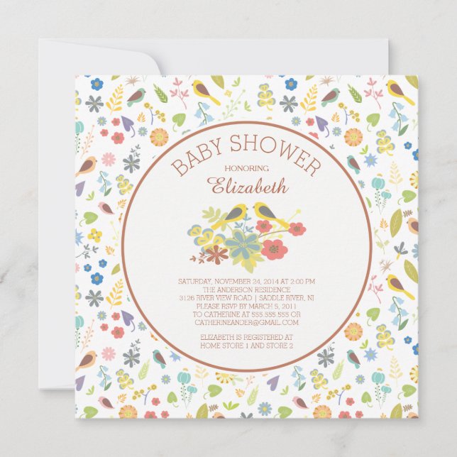 Dainty Floral Love Bird Baby Shower Invitations (Front)