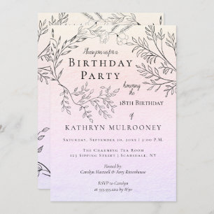 Dainty Floral Outlines on Pink 18th Birthday Party Invitation
