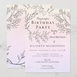Dainty Floral Outlines on Pink 18th Birthday Party Invitation
