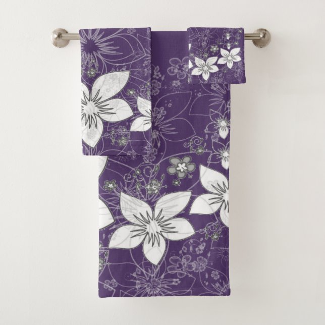 Dainty Floral Scroll on Plum  Bath Towel Set (Insitu)