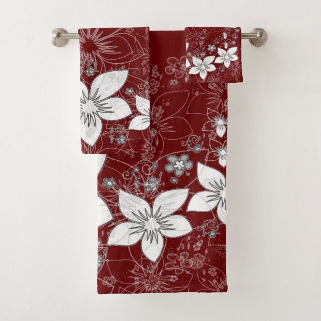 Dainty Floral Scroll on Red Bath Towel Set (Insitu)