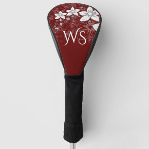 Dainty Floral Scroll on Red Initial Golf Head Cover