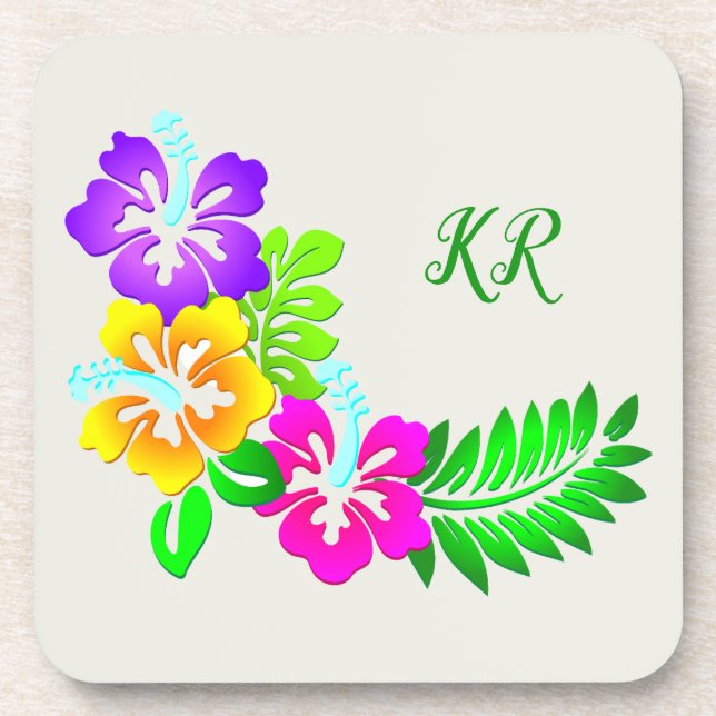 Dainty Flowers Purple Pink Yellow Monogrammed Coaster (Front)