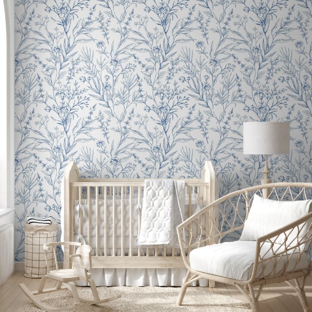 Dainty French Toile Blue Floral Wallpaper (Kids)