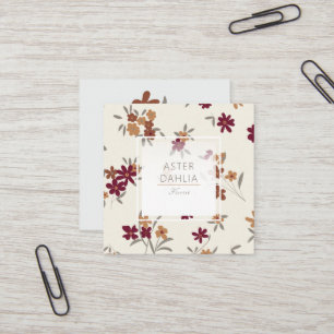 Dainty Gold Grey Maroon Illustrated Flowers Square Business Card