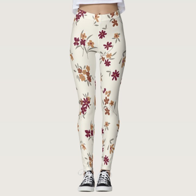 Dainty Gold Maroon Floral Pattern Leggings (Front)