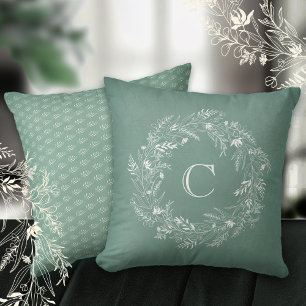 Dainty green leafy circle letter C Cushion