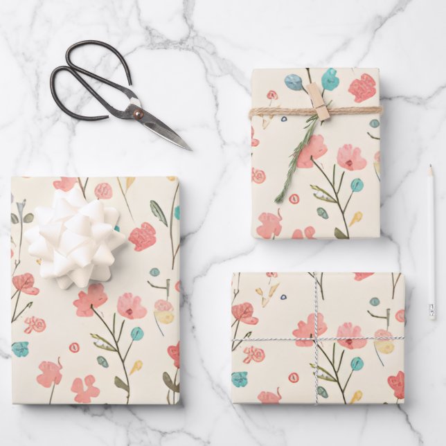 Dainty Meadow Wildflower & Pastel Sprig Wrapping Paper Sheet (Front)