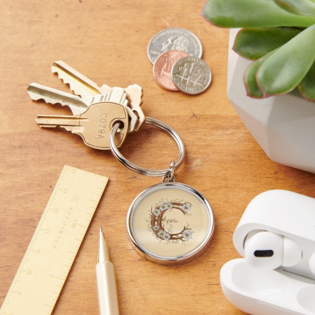 Dainty Monogram C: Floral & Vines Personalizable Key Ring (Desk)