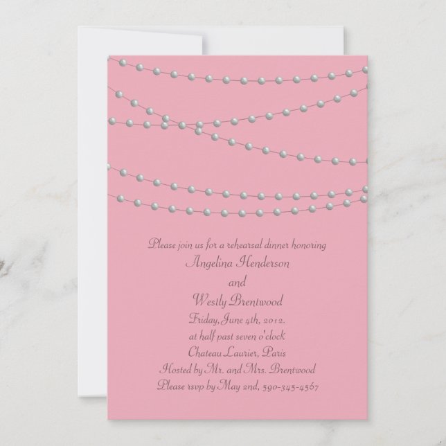 Dainty Pearls on Pink Rehearsal Dinner Invitation (Front)